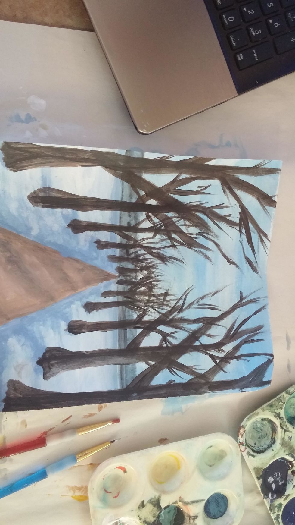 Add branches to all the trees, being mindful that the trees closest will have longer and thicker branches. Add shadows and highlights to these as well
