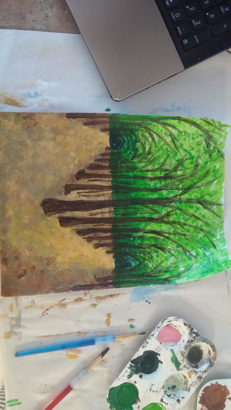 Add branches to the trees. Be sure to start with the trees in the back and work your way forward. This will make sure the overlap is correct. Remember the trees closest to us have longer branches.