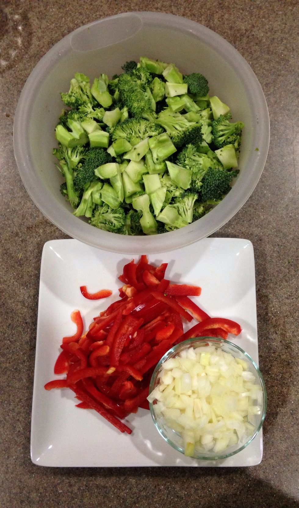 Add broccoli, peppers, and onion to the meat juice. Well that sounds gross ... meat juice. No matter, just do it. Cook for 5-7 minutes, depending on your preferred broccoli tenderness.