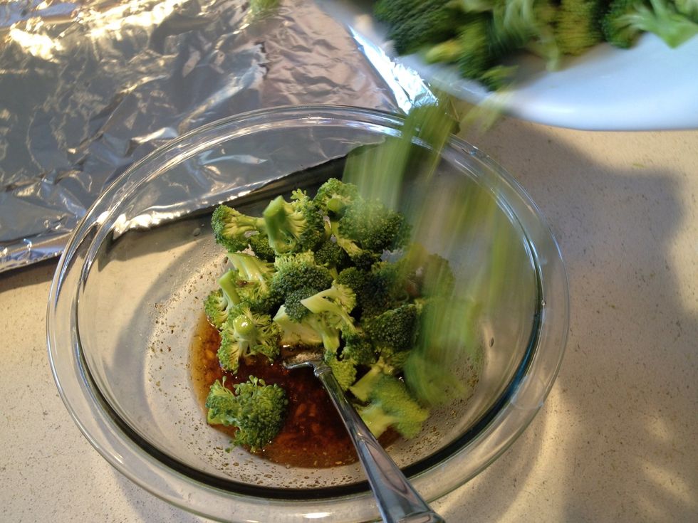 Add broccoli to oil mixture. Stir well.