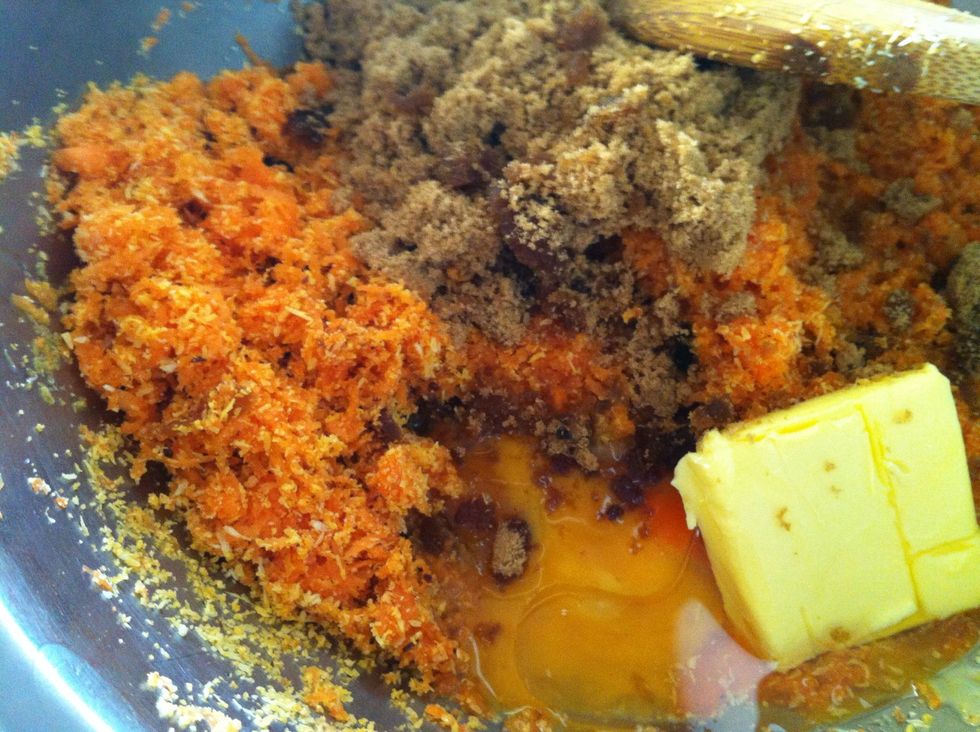 Add brown sugar & oil / butter, butter milk, salt, plain flour, baking powder & baking soda. Mix till well combined. Lastly add the roasted walnuts. Mix gently.
