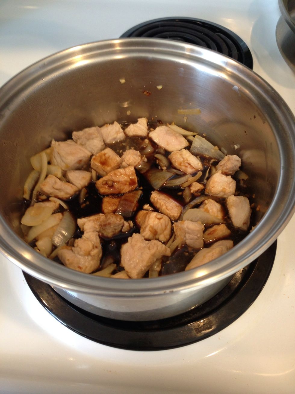 Add brown sugar, vinegar and soy sauce into pot.