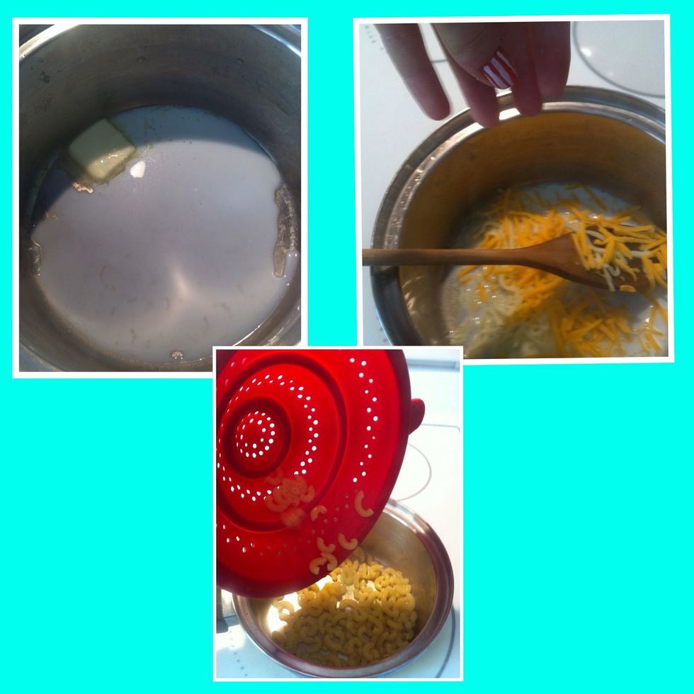 Add butter, a dash of milk, and whatever cheese you'd like to the still hot saucepan. It should all melt immediately. Add the drained pasta back in.