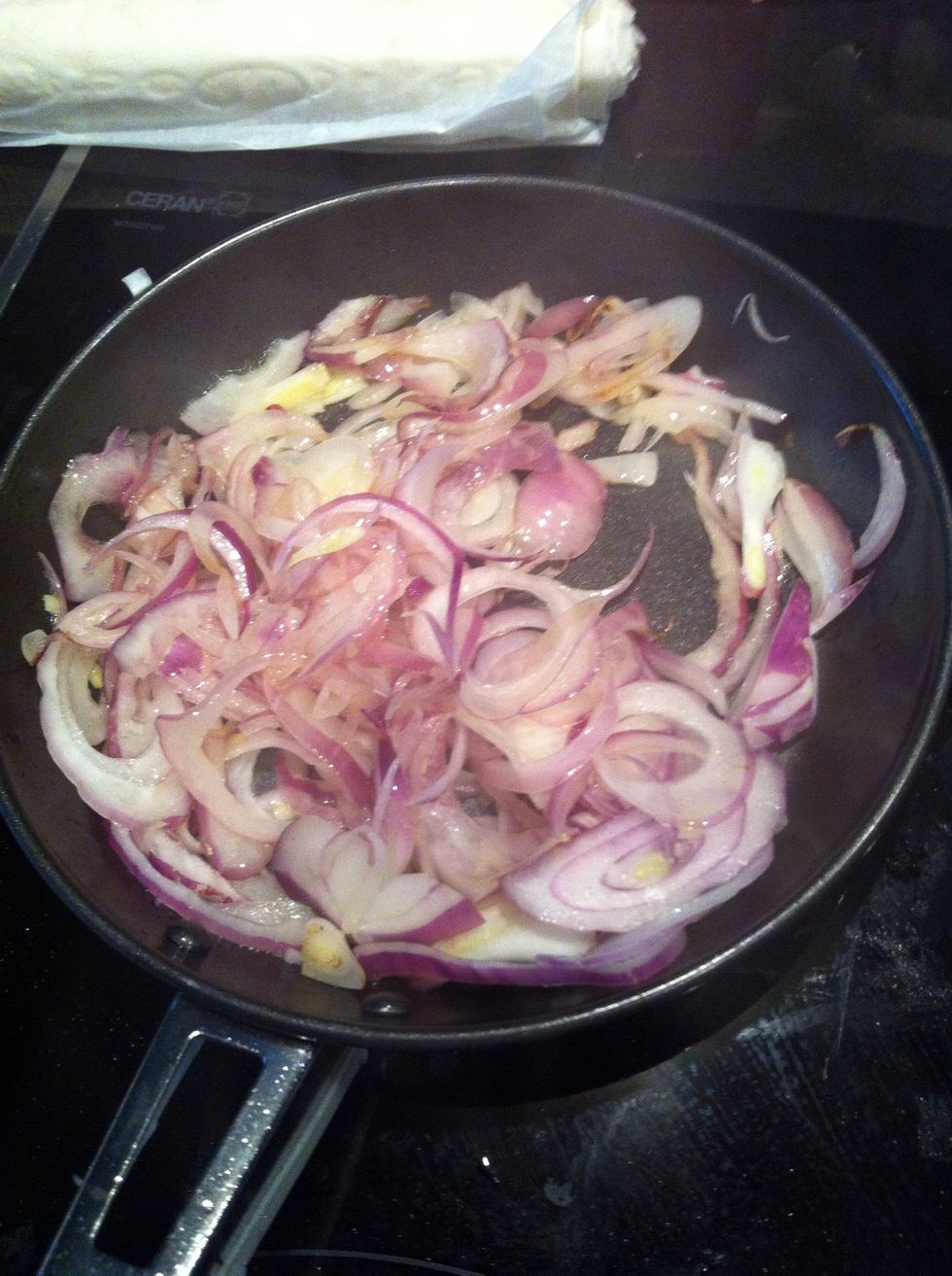 Add butter and abit of oil red onion med cook till soft