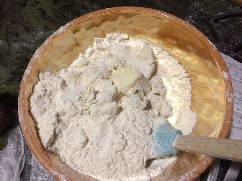 Add butter and mix with hands until crumbly