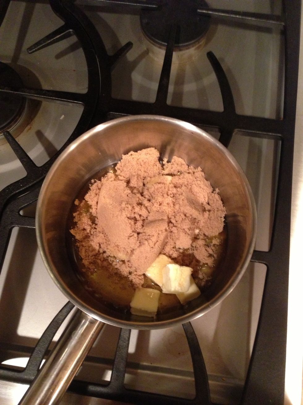 Add butter, corn syrup, and brown sugar to a pot and heat until combines/melted and boiling.