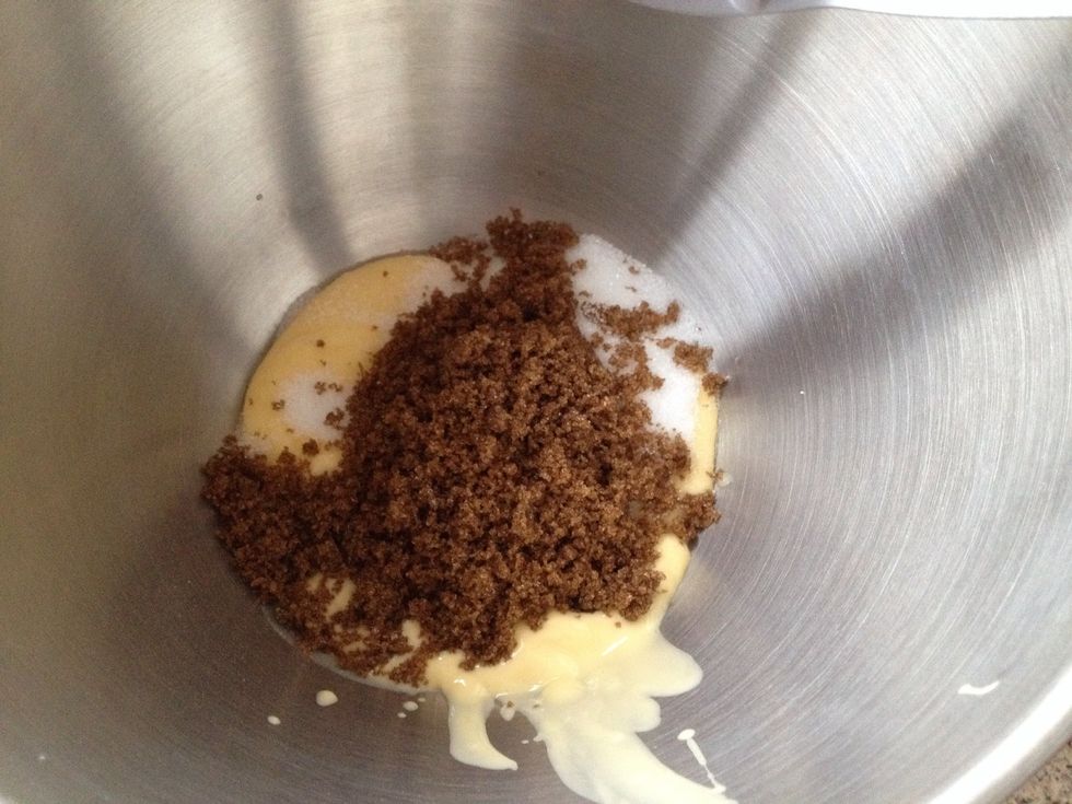 Add butter, sugar and brown sugar to a bowl