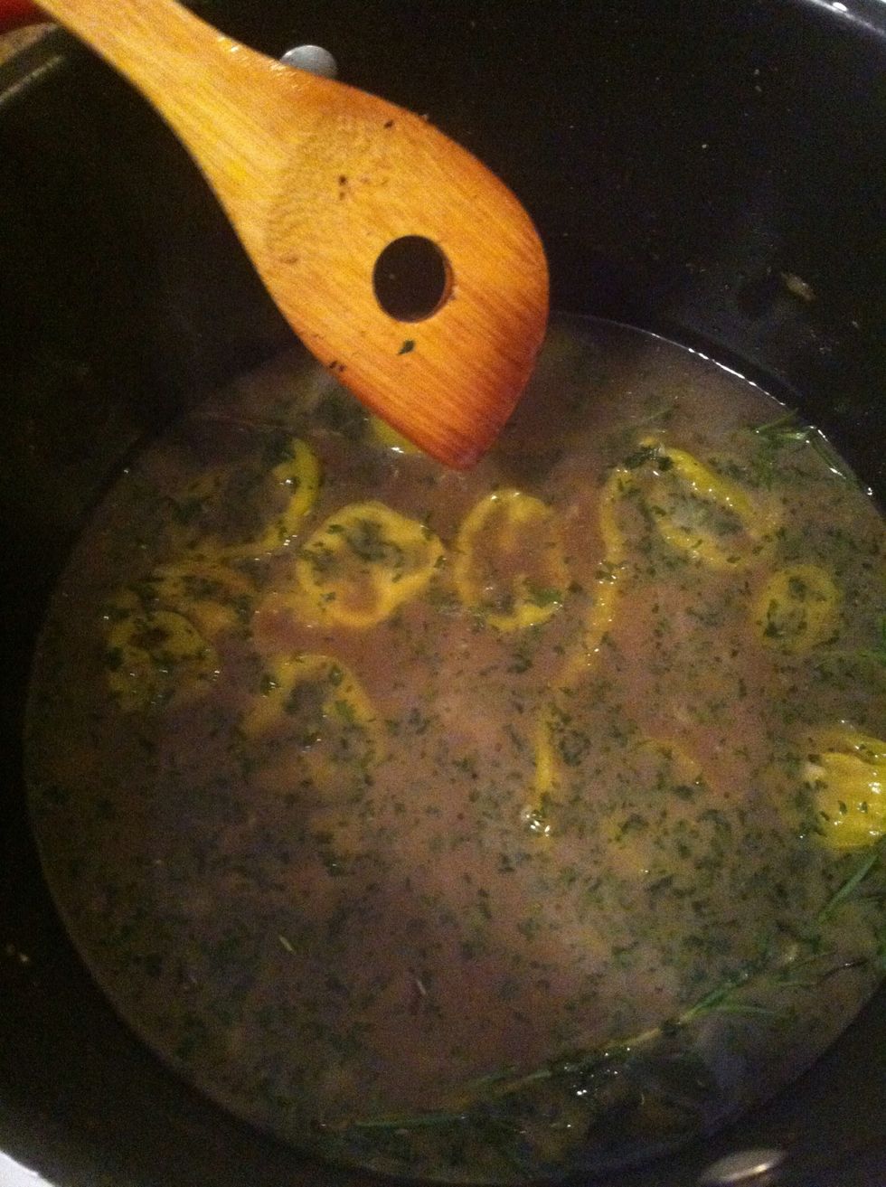 Add butter to a pan until melted, pour vinegar and bring  to a boil for 2 min. Add the wine once its all boiling add stock lower the fire. Add 2 tbspn banana pepper juice add the parsely, rosemary