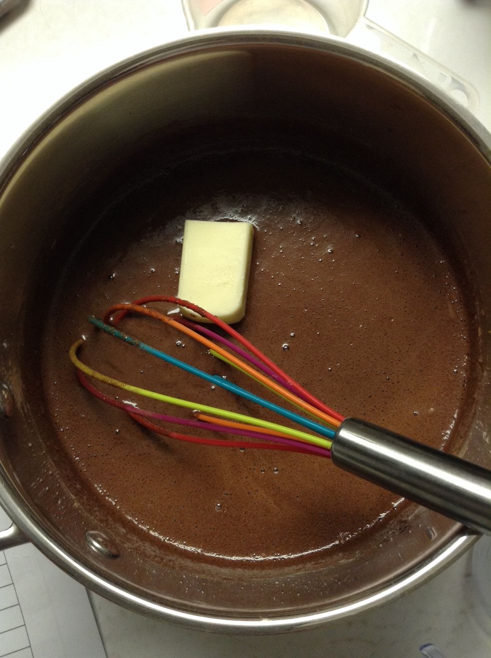 Add butter to the milk, sugar and cocoa and mix.