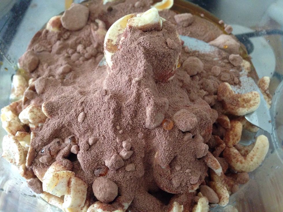 add cacao (I added heaping tablespoons), maple syrup/raw honey, salt, and vanilla extract to your food processor. Yes, I suggest your processor over blender unless you have a vita-mix.