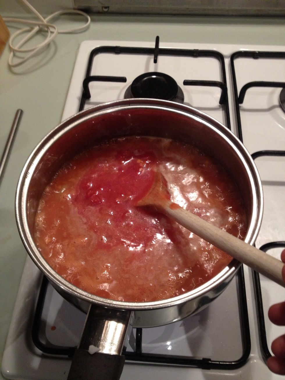 Add can of chopped tomatoes and bring down heat to a simmer