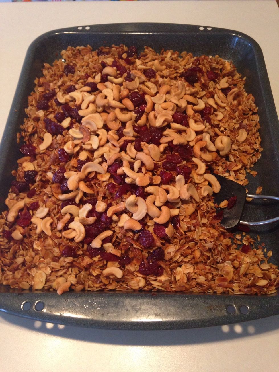 Add cashews and dried nuts if desired. Suggestions include dried cherries, cranberries, pineapple, apricots, figs, dates - whatever you like!