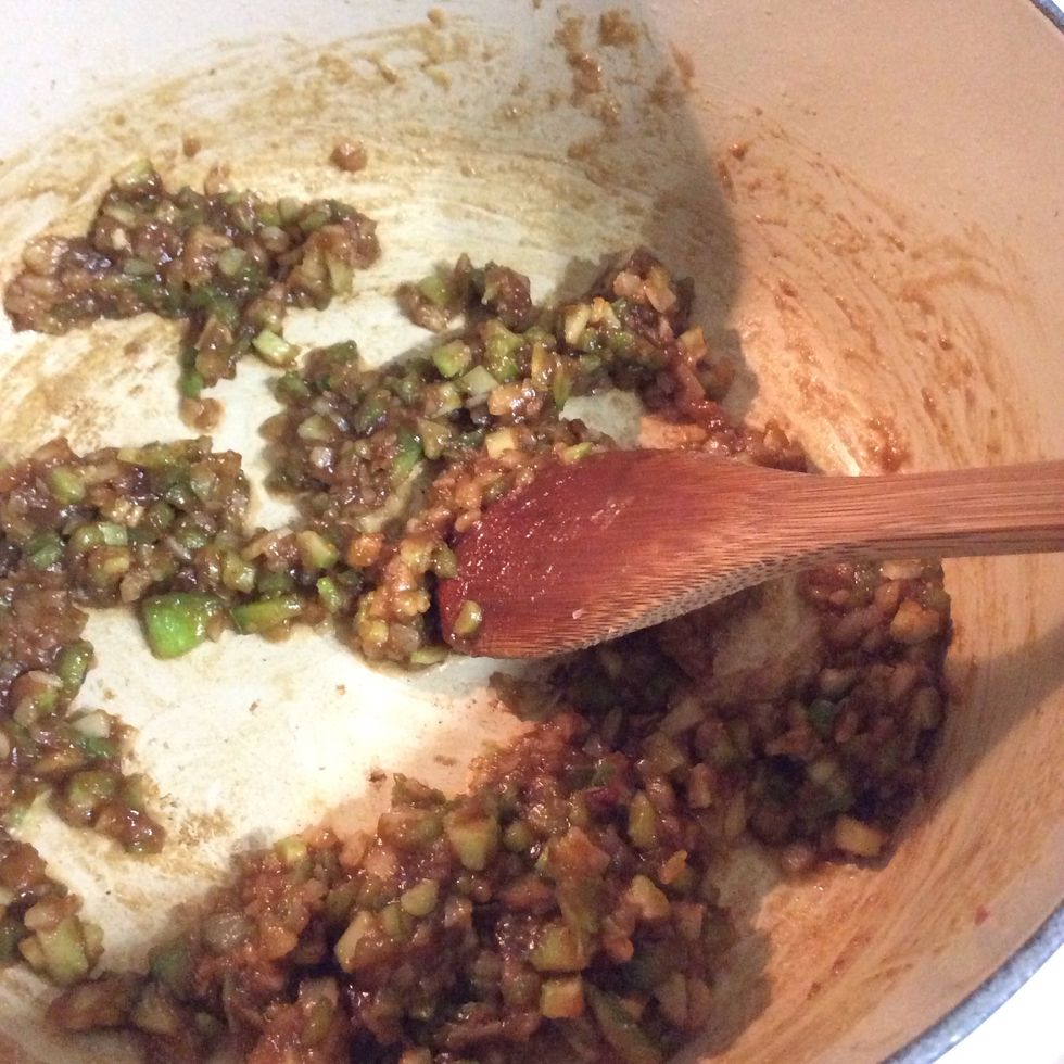 Add celery, onion and green pepper, stirring for at least 2 min till vegetables are soft...