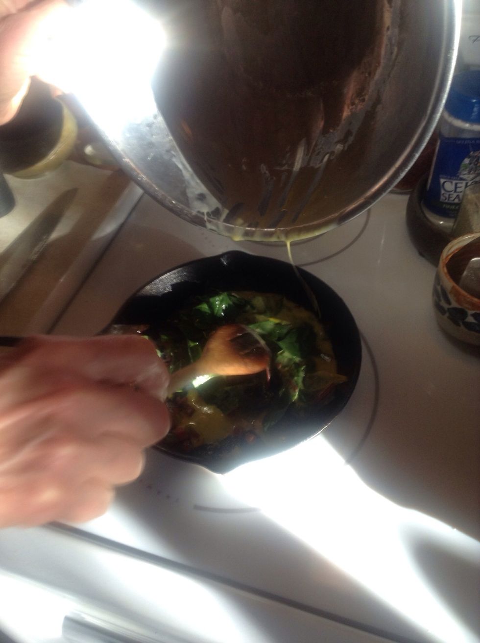 Add chard and egg mixture to saut\u00e9ed chard stems.