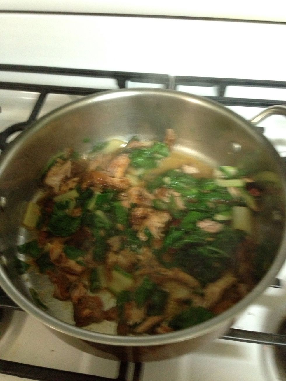 Add chars to a tablespoon of olive oil and cook down then add chopped pork, I used the meat from left over ribs