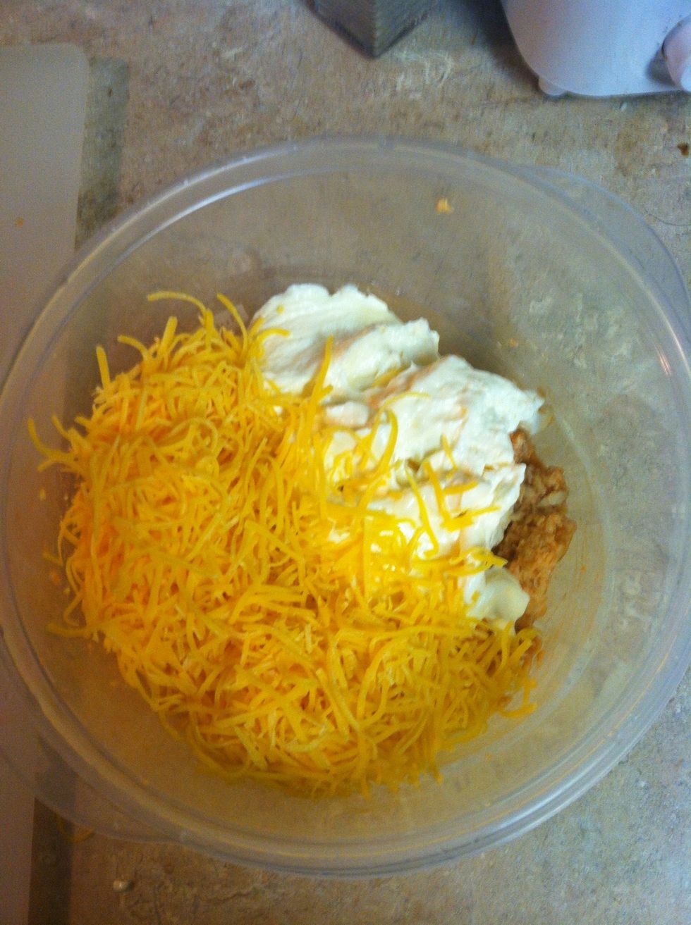 Add cheddar cheese, lemon juice, & mayonnaise.