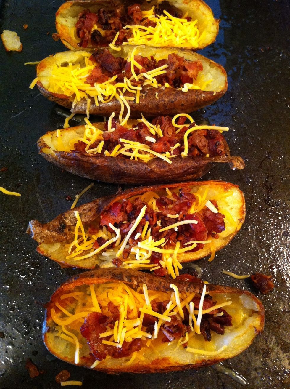 Add cheese and bacon.  Put back in the oven until the cheese melts