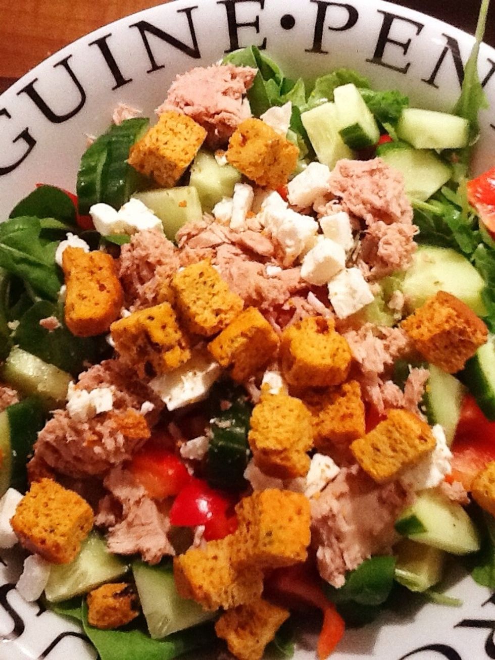 Add cheese and croutons if using. Adding these will make your salad less healthy, but if you use light cheese and whole-grain croutons it's probably ok! :)