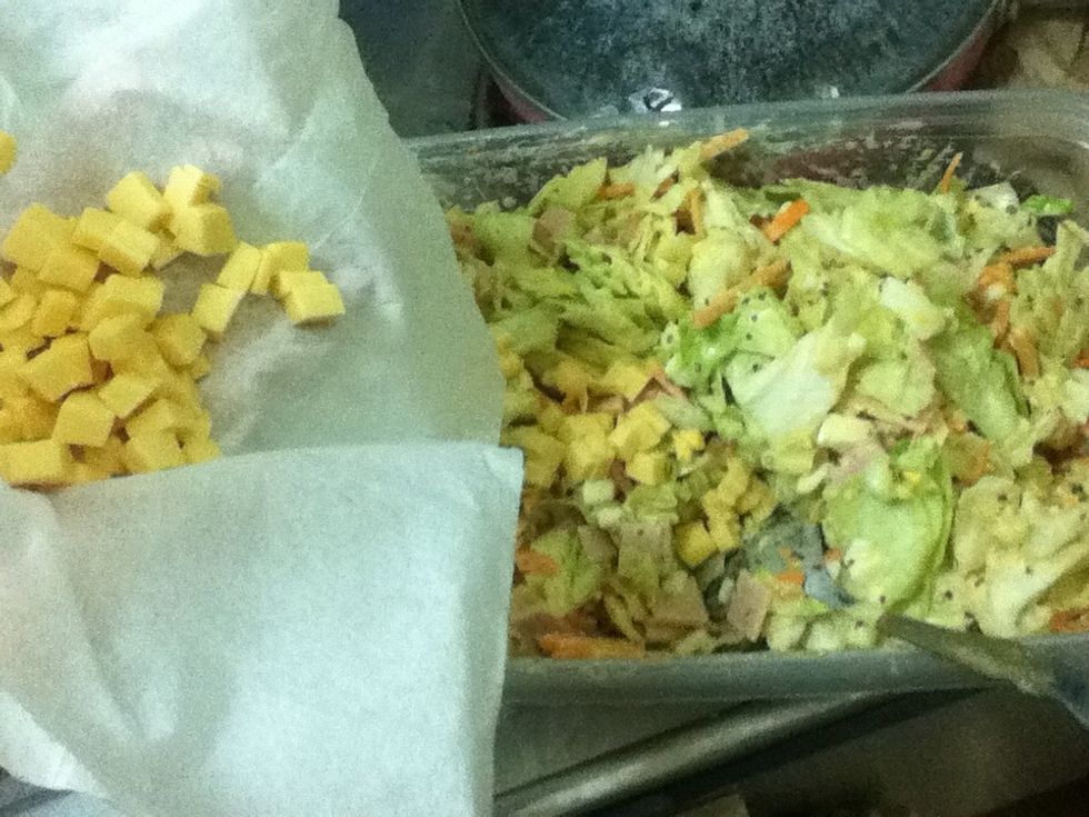 Add cheese...and mix well. Salt and pepper to taste. Sorry but I never measure so you can just mix and taste to see if you wanna add more mayo or mustard or honey. Adding some corn is also yummy!