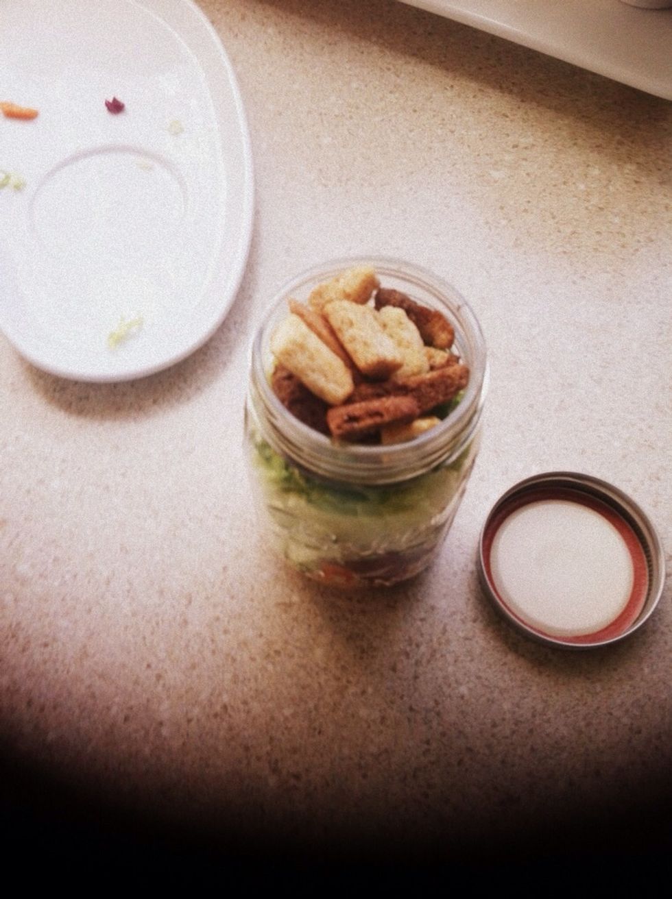 Add cheese, croutons, nuts or craisins to the very top.