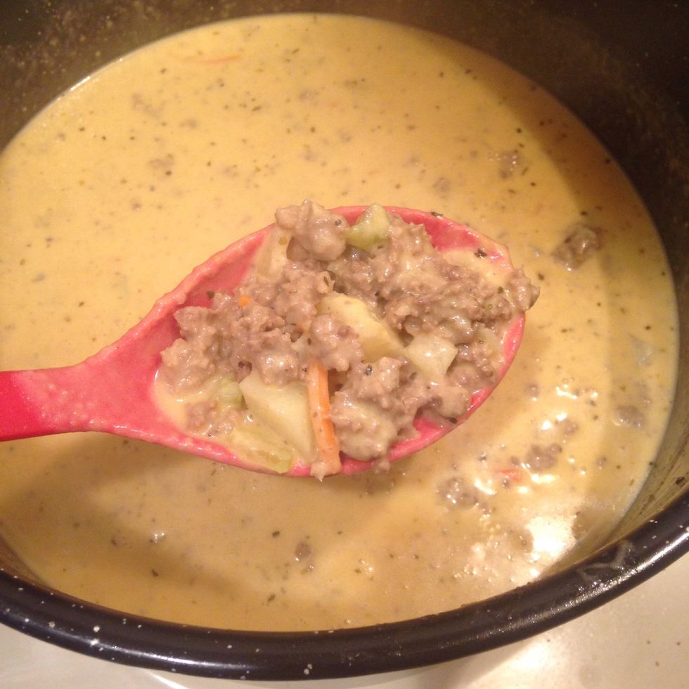 Add cheese sauce to your potatoes veggies n meat ( you will need to transfer to a big soup pot or regular pot )