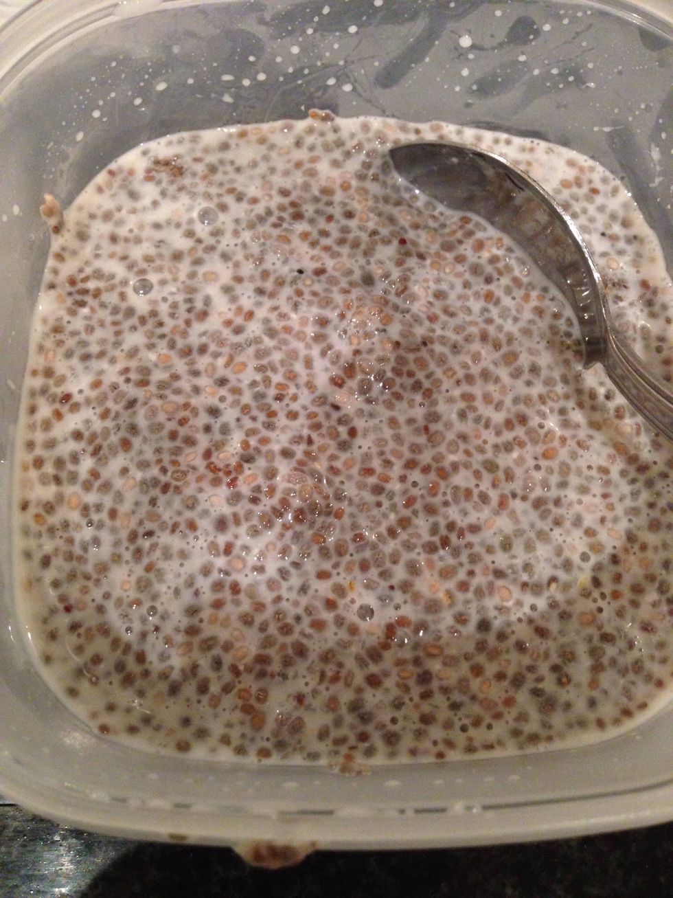 Add chia seeds and almond milk to the container. Refrigerate overnight. (Or at least for 5-6 hours)