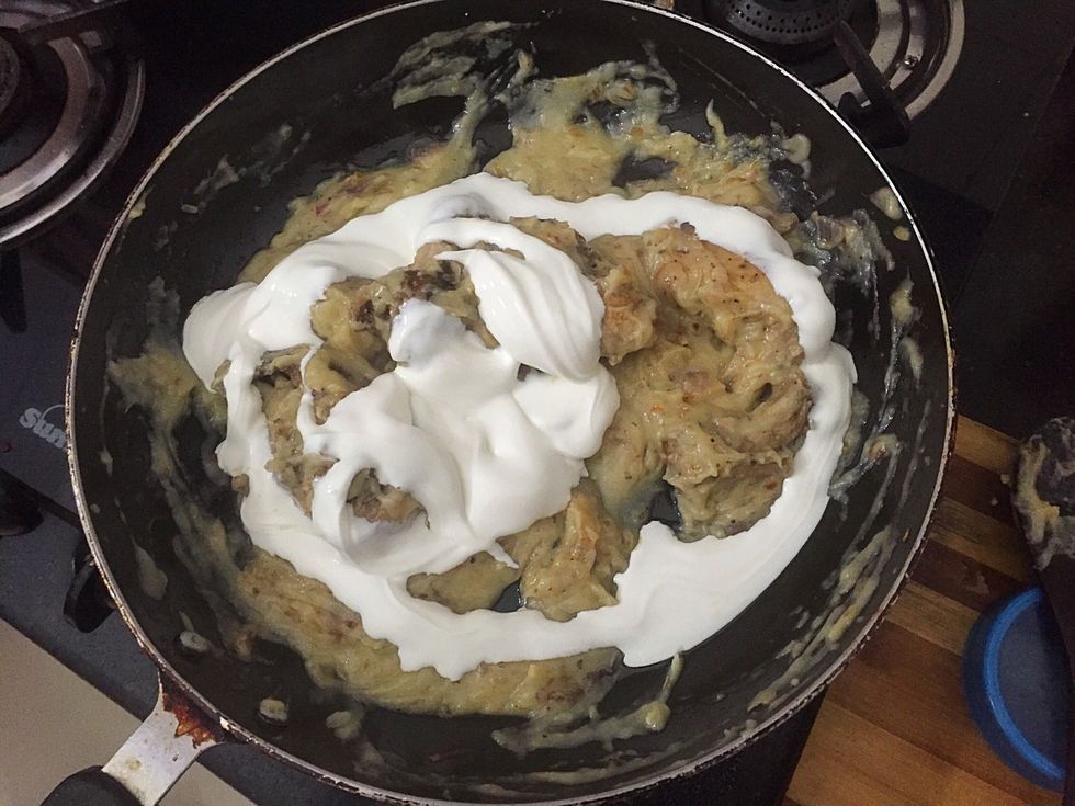 Add chicken and cream. Mix well