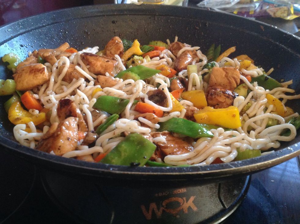 Add chicken and noodles and heat through for 3 minutes.