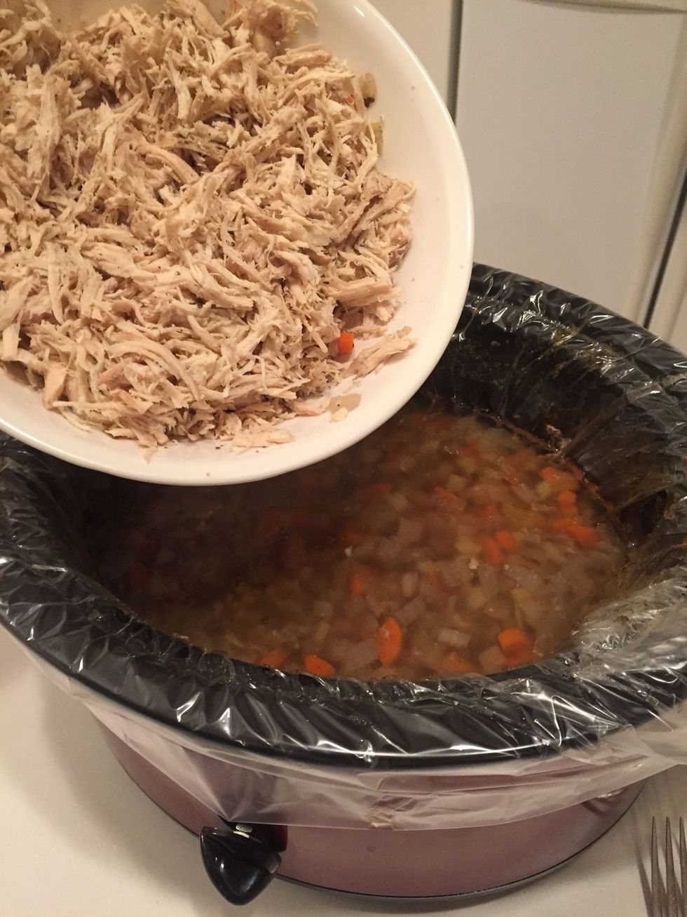 Add chicken back into the soup.