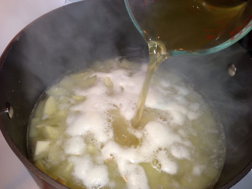 Add chicken broth and bring to a boil. Boil approximately 10 minutes or until potatoes are tender. Turn burner down to low to keep potatoes from boiling