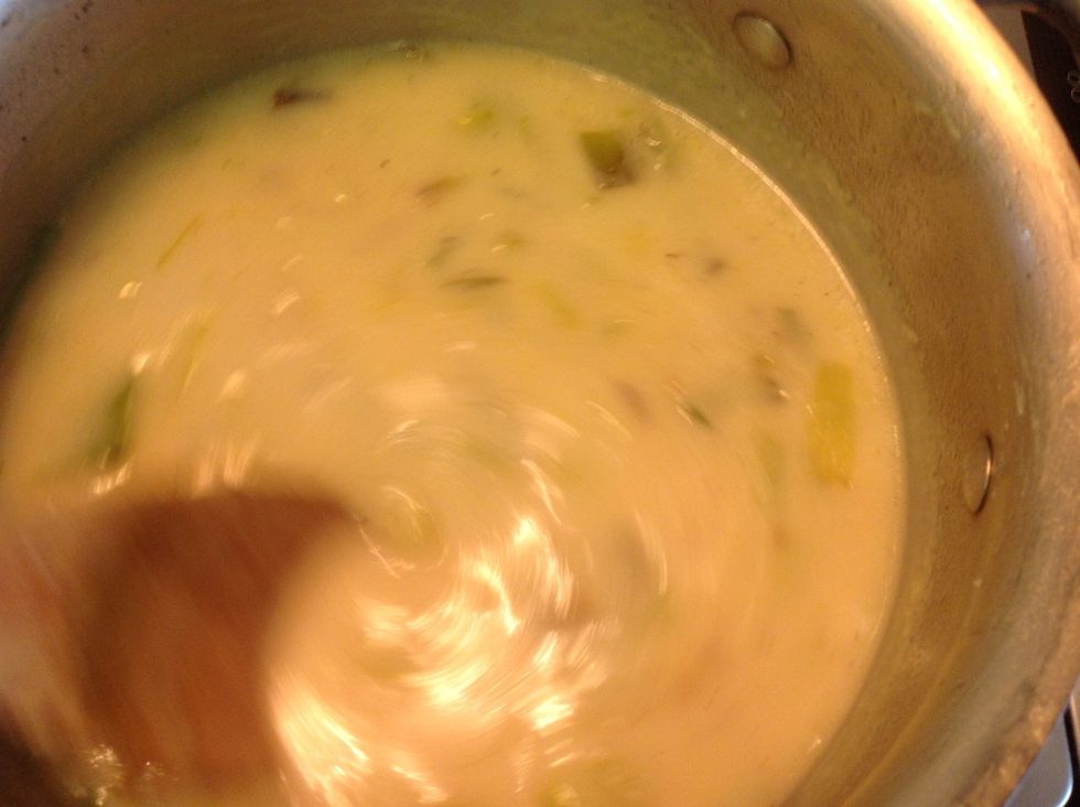 Add chicken broth and bring to a simmer. Then add in the white wine and stir. Have some wine yourself. Then add the milk or cream and stir. At this point you can blend it for a creamy soup. Not me.