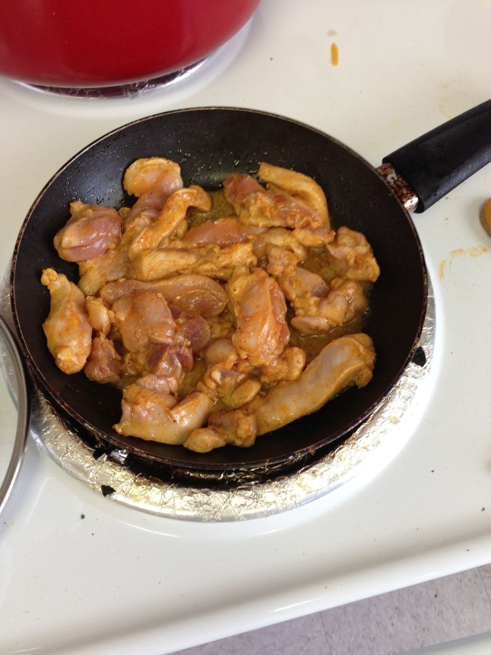 Add chicken in skillet with your favorite seasoning .. When done chop up