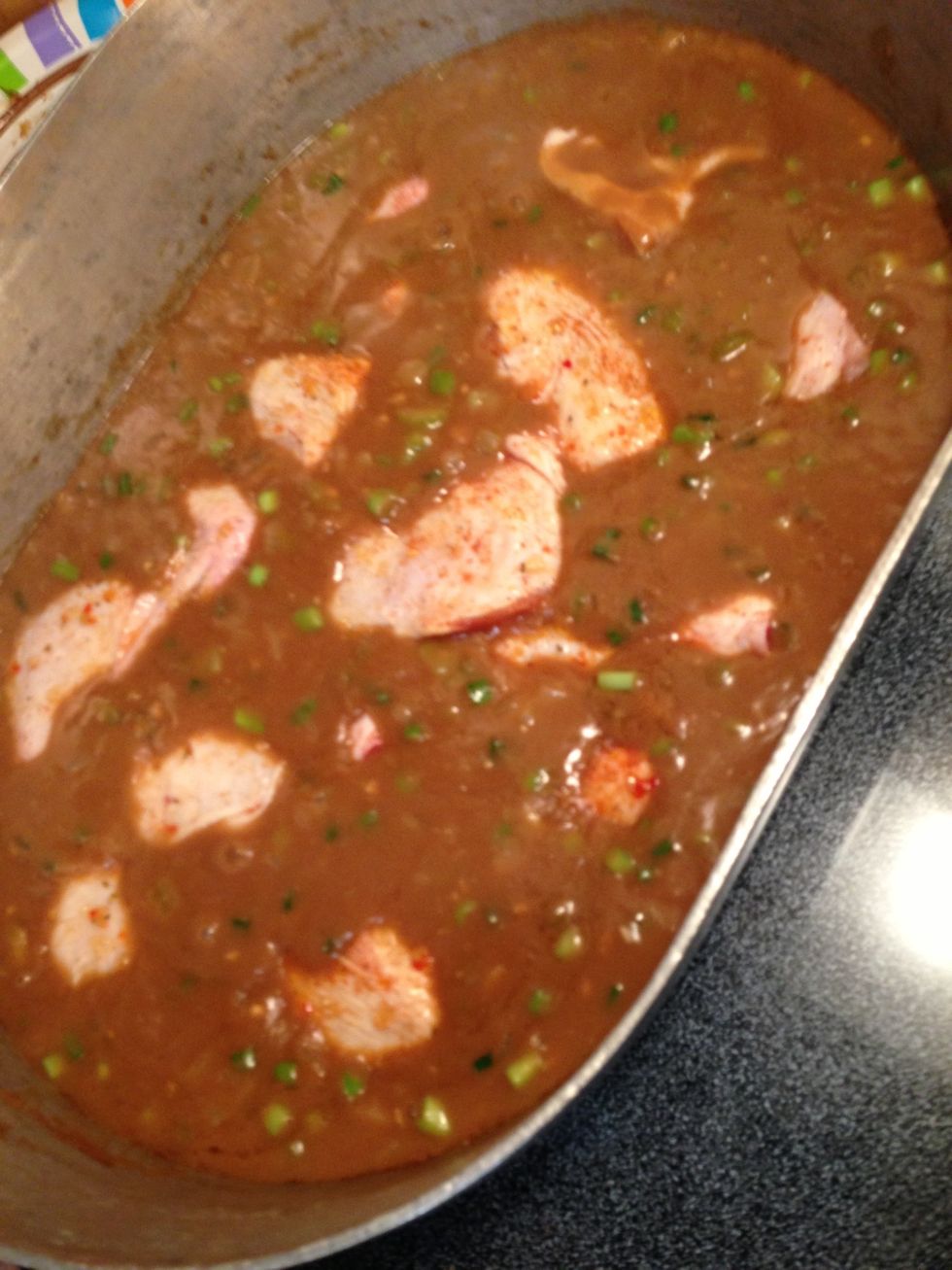 Add chicken pieces and cover and simmer on medium low stove for 90 minutes or so.