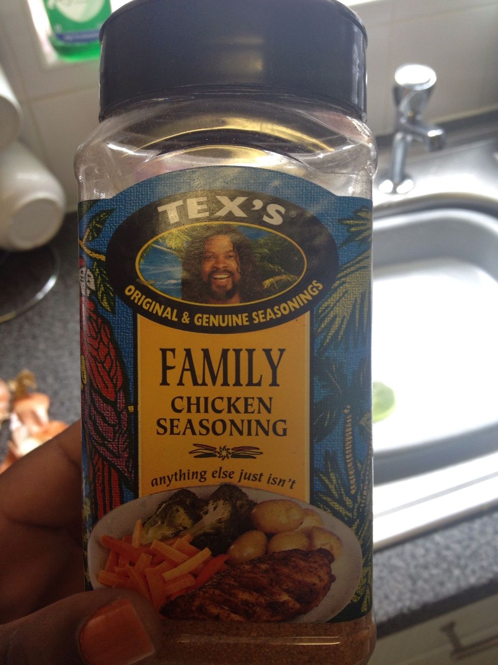 Add chicken seasoning. You should be able to get this at any Caribbean store. However, I got this from Tesco, from the world foods aisle. Add a generous amount to pot.