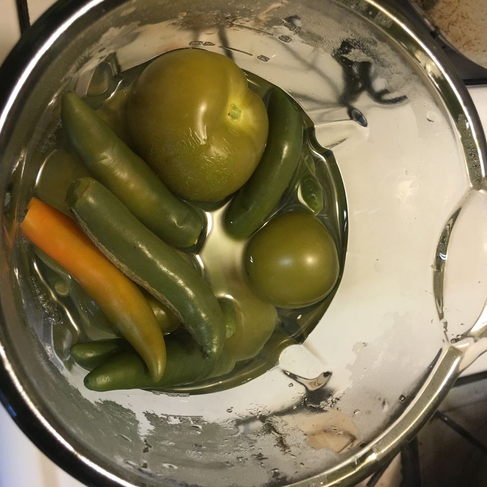 Add chiles, tomatillos, and water to blender...
