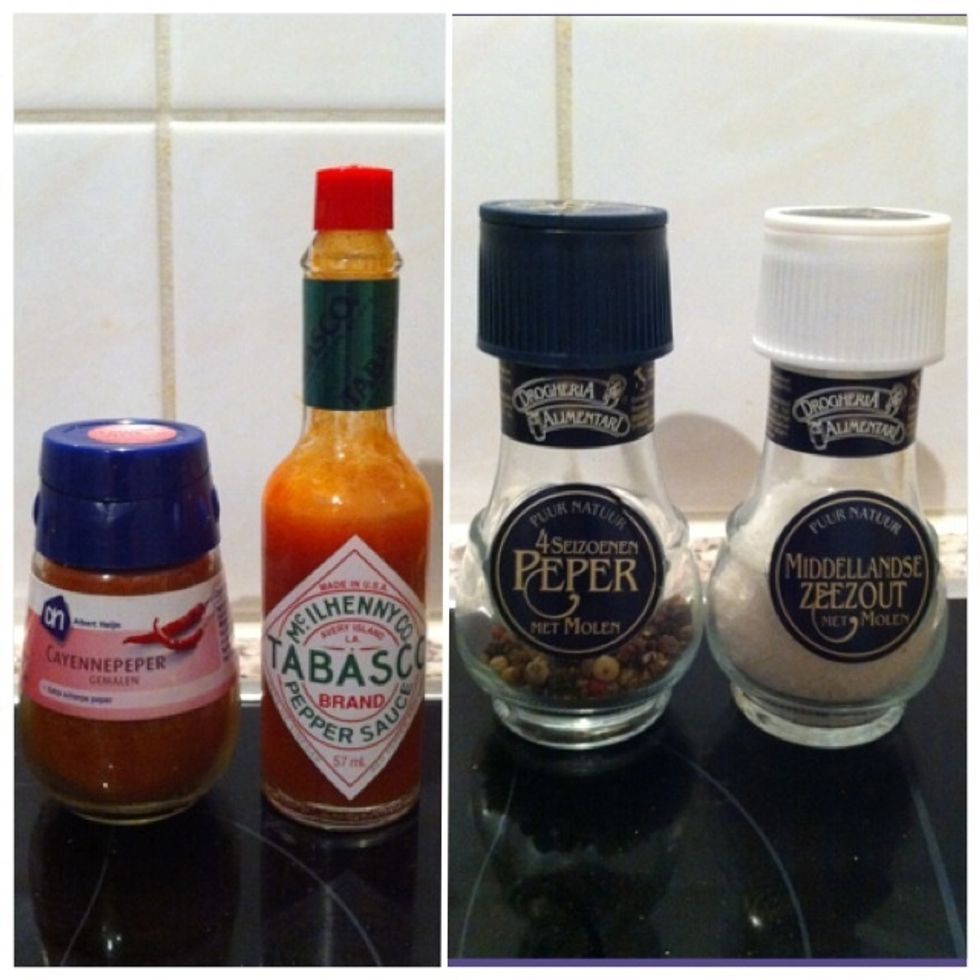 Add chili powder, tabasco, pepper and salt.