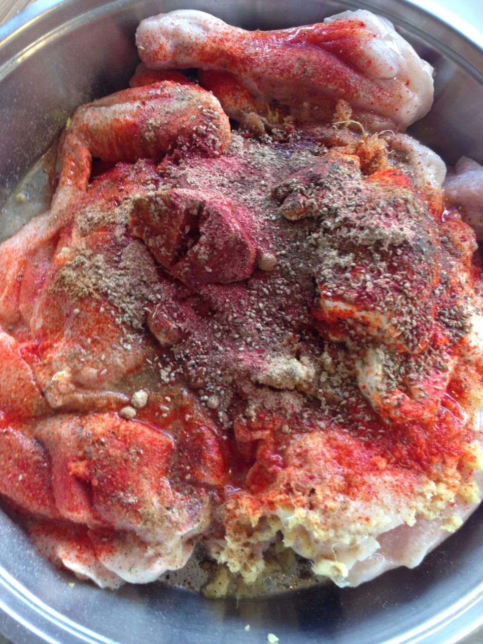 Add chilly powder, food colouring and olive oil.