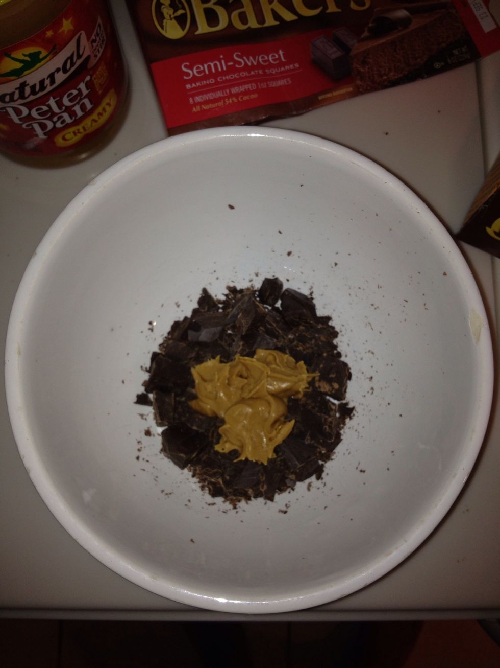 Add chocolate and peanut butter to microwave bowl. Microwave for 30 seconds.