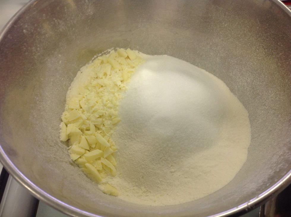 add chocolate and sugar to the flour