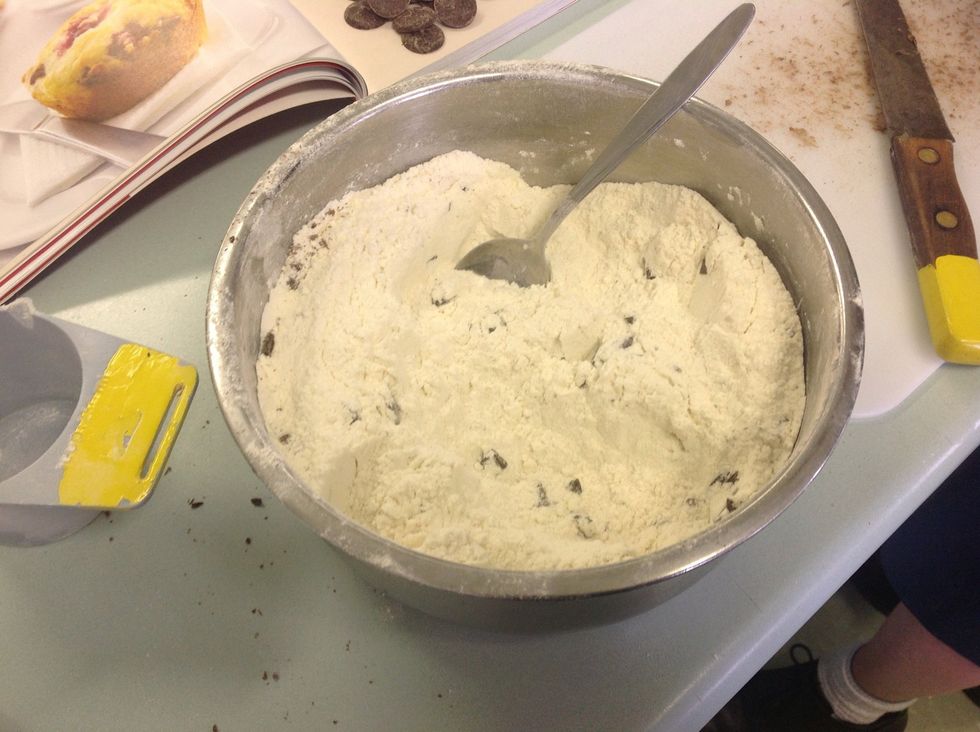 Add chocolate bits to the bowl and mix with a spoon