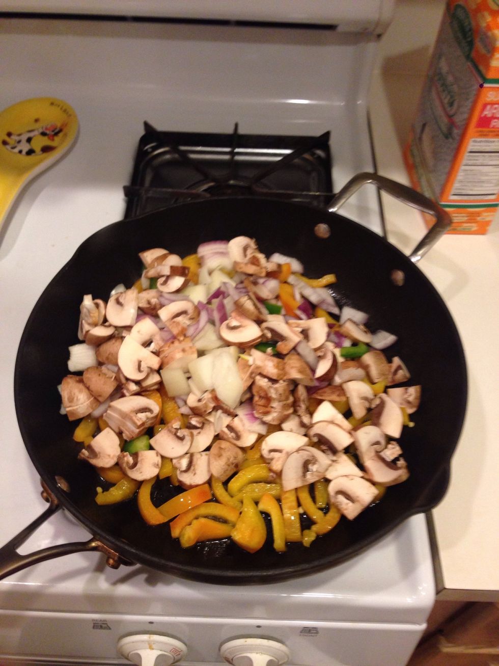 Add chopped onions and mushrooms. Saut\u00e9 for about 5-7 min until mushrooms are cooked and onions are translucent.