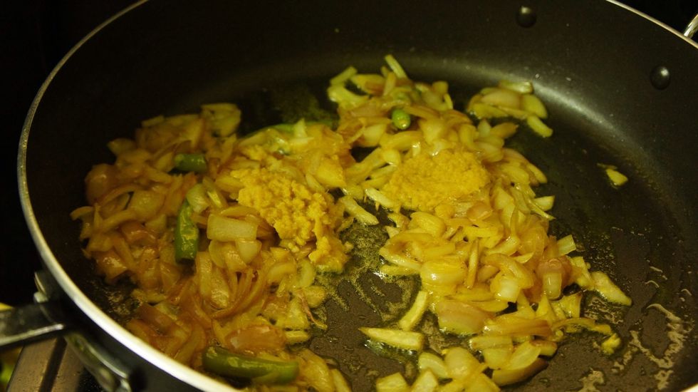 Add chopped onions, green chilli, ginger garlic paste, salt to the Vessel of ghee and oil cook for 5 mins