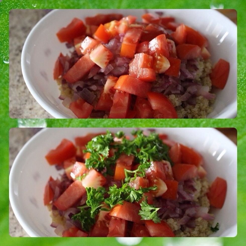 Add chopped tomato, minced parsley, and sea salt, to taste.