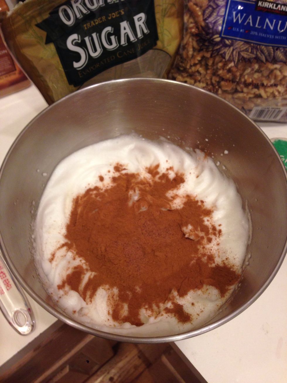 Add cinnamon, nutmeg, salt, & sugar. (1 tsp of cinnamon, 1/4 tsp of nutmeg, 1/2 tsp of salt, and 1 cup of sugar per egg)