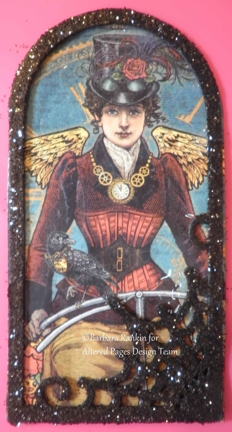 Add clear distress crackle paint to entire G45 image, and attach web frame. The crackle paint will adhere the frame like glue.