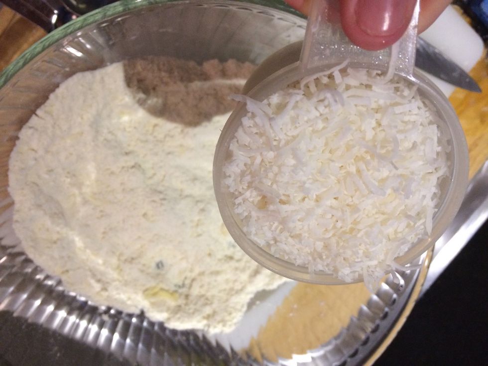 Add coconut to the breadcrumb mixture