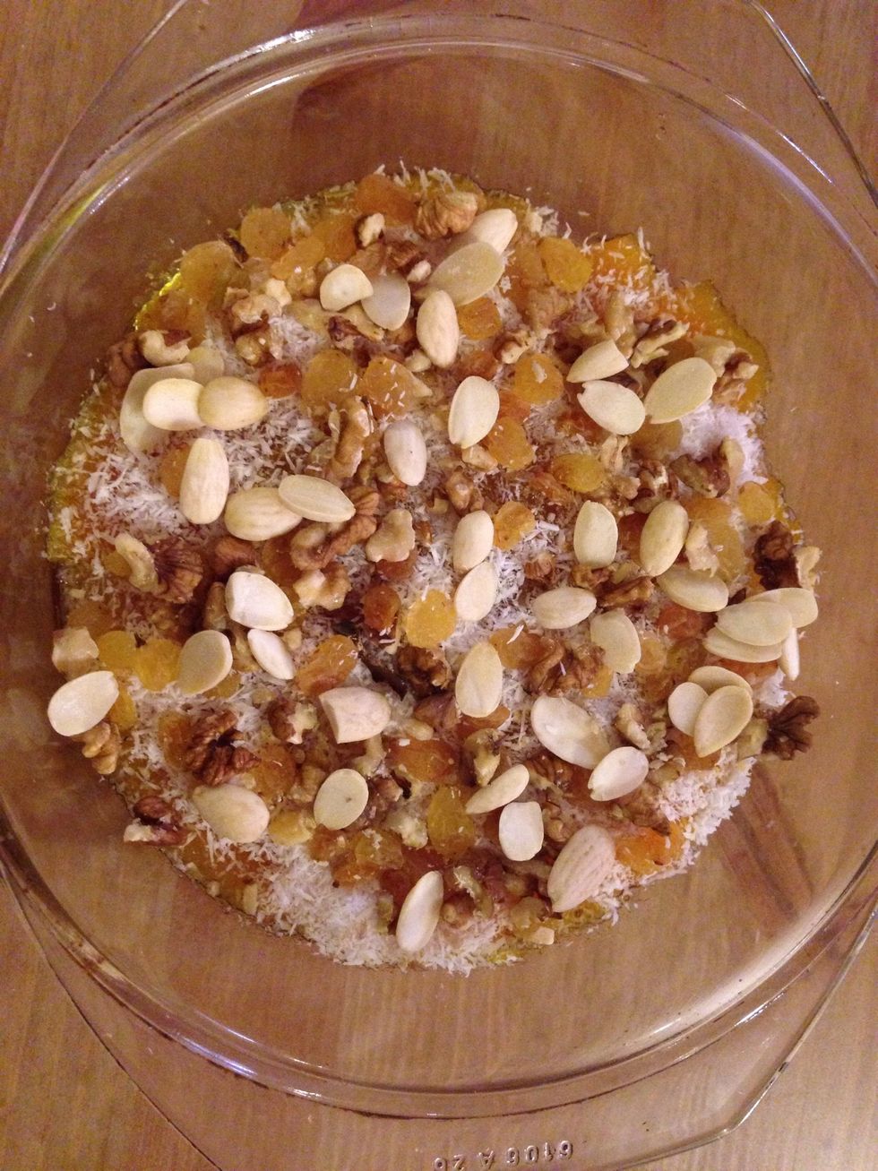 Add coconut , walnuts , almond, raisins