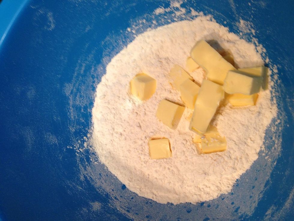 Add cold butter. Cut in 1/8 inch pieces.