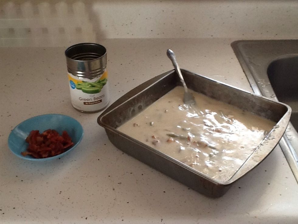 Add cooked bacon (i just dump grease in as well) and green beans...mix