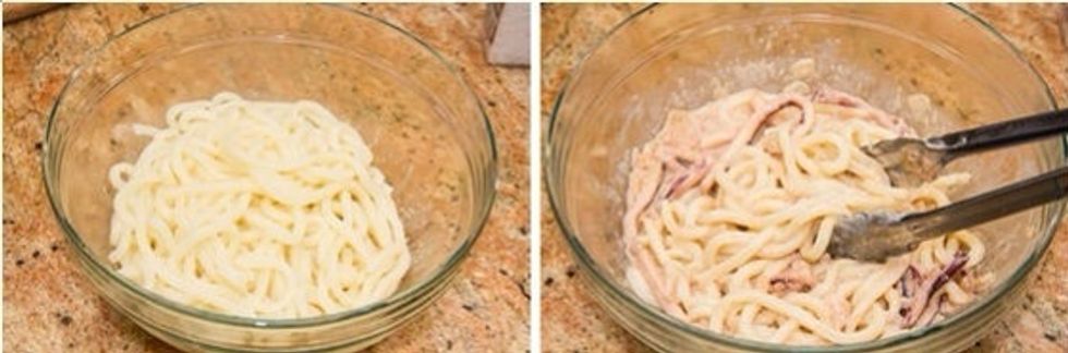 Add cooked udon and toss well until the udon is evenly coated with the sauce. Adjust the taste with salt and freshly ground black pepper.